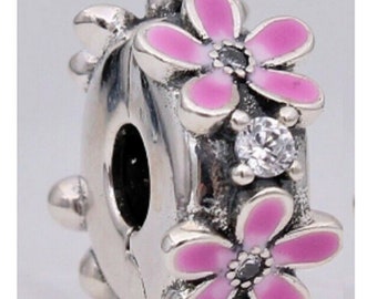 Pandora, Bracelet Charms, Beads, CLIPS, Dangles / New / s925 Sterling Silver / Pink Daisy Flower CLIPS/STOPPERS Charm / Stamp