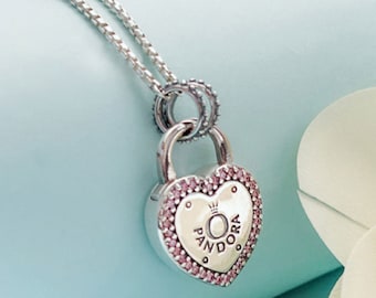 Pandora, Bracelet charms, Beads, /New /s925 Sterling silver Signature Heart Padlock Pendant W/pink CZ/23.6"/ With 60cm Sterling Silver chain