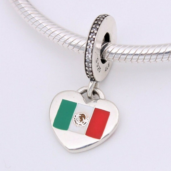 Pandora, Bracelet Charms, Beads, Clips, Dangles / New / s925 Sterling Silver Love Mexico Flag Heart Dangle Charm / Threaded / Stamped