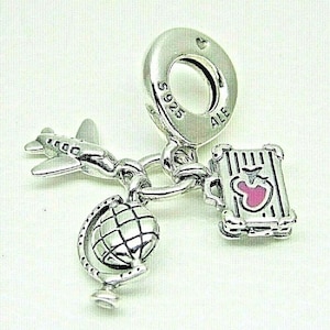 Pandora, Bracelet Charms, Beads, Clips, Dangles / New / s925 Sterling Silver Airplane, Globe & Suitcase Dangle Charm / Threaded / Stamp