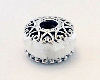 Pandora, Bracelet Charm, Clips, Dangles, Murano, / New / s925 Sterling Silver Silver Iridescent White Murano Glass Charm / Threaded / Stamp