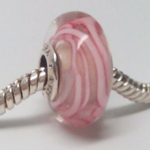 Pandora, Bracelet Charms, Beads, Murano Glass Bead, / New / s925 Sterling Silver Pink RIBBONS OF HOPE murano glass / Threaded / Stamp