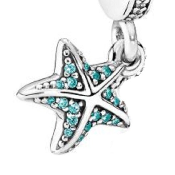 Pandora, Bracelet Charms, Beads, Clips, Dangles, / New / s925 Sterling Silver PETITE (small) TEAL Tropical Starfish / Threaded / Stamp