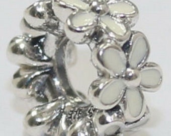 Pandora Bracelet Charms Beads SPACERS New s925 Sterling Silver 2 White Enamel Darling Daisies Spacers Flowers Threaded Stamped
