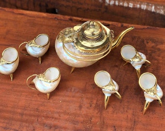 Conch Shell Teapot Set: Bronze Edged, Antique Style Decor
