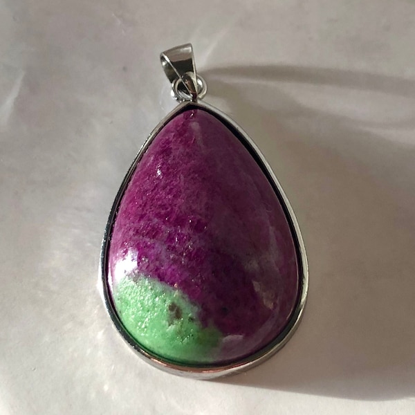 Ruby Zoisite Cabochon Natural Gemstone 38mm/1.5in x 20.8mm /0.82in Teardrop Crystal Silver "Talisman of Love"  Pendant