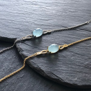 Aquamarine OVAL Gold Silver Chain Bracelet (with extender) 8 INCHES / 20.3 CM Natural Handmade