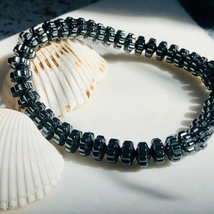 Hematite 'Woven or Bullets rotator Shape' Gemstones Natural Quartz Cystal Beads Healing Titanium Cool Black Bracelet- UNISEX
