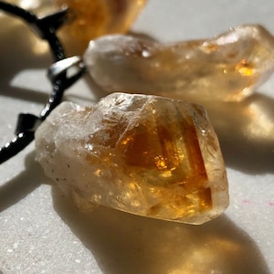Citrine Quartz Crystal Pyramid Raw Natural Healing Gemstone on silver bail with faux Leather Necklace and extender