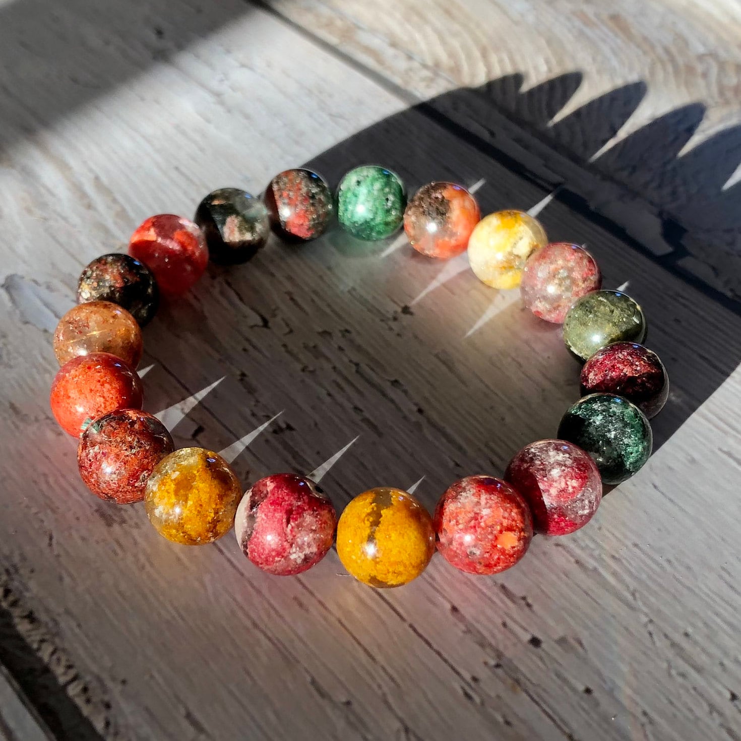 Lodolite Phantom Garden Quartz Crystal Untreated Natural Healing Multi Color Beaded Bracelet Stretch Elastic