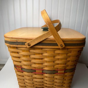 Basket Heavy Wood Lid Ceramic Knob TLS 15" Large Sewing 1994 Longaberger