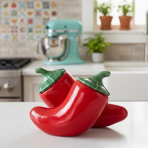 Vintage Red Chili Pepper Cookie Jar, Rustic Kitchen Decor antique upcycle 70s Jalapeños