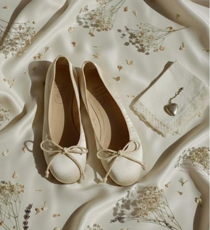 Shoes, Ballerina Flats 1950s Bridal 6.5M Blocks Ivory Silk Satin Wooden…