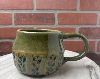 Handmade Green Stoneware Mug, Botanical Leaf Carved Pottery