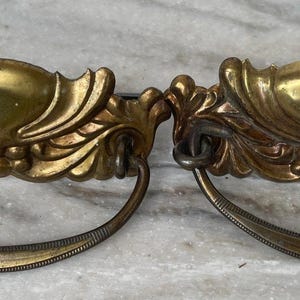 Antique Victorian Stamped Brass Drawer Pulls, 3" Center Dresser Handles, Ornate Floral Scroll Pattern, Set of 2, Gift for Furniture Restorer