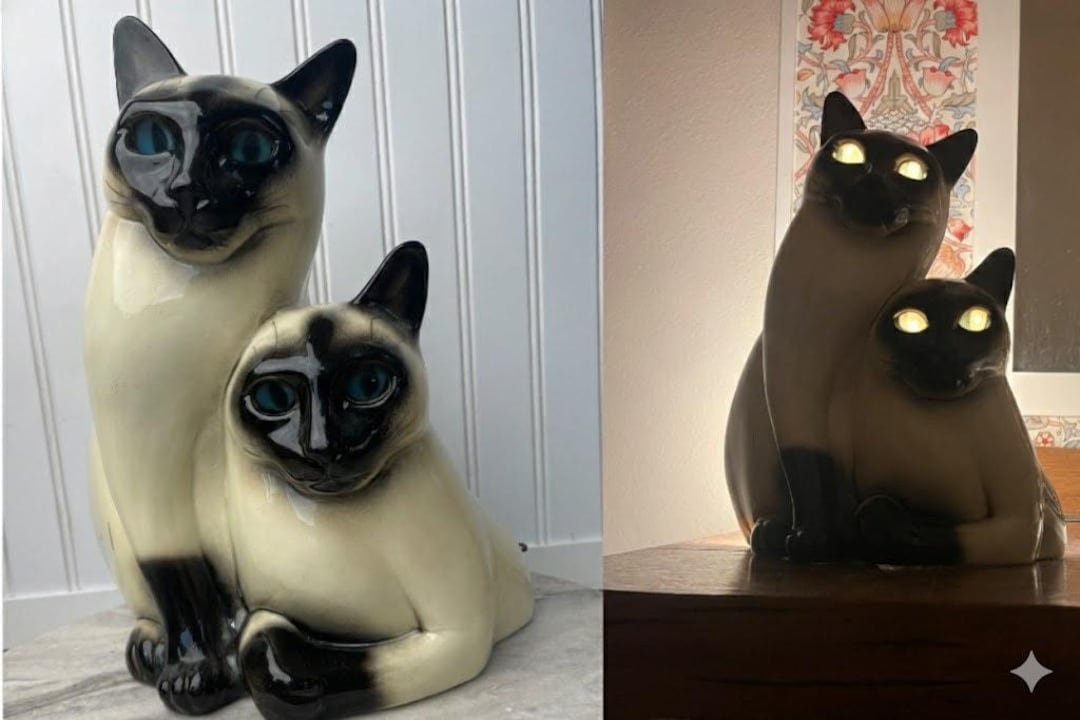 1954 Leland Claes Siamese Cat TV Lamp, MCM Ceramic, Glowing Eyes