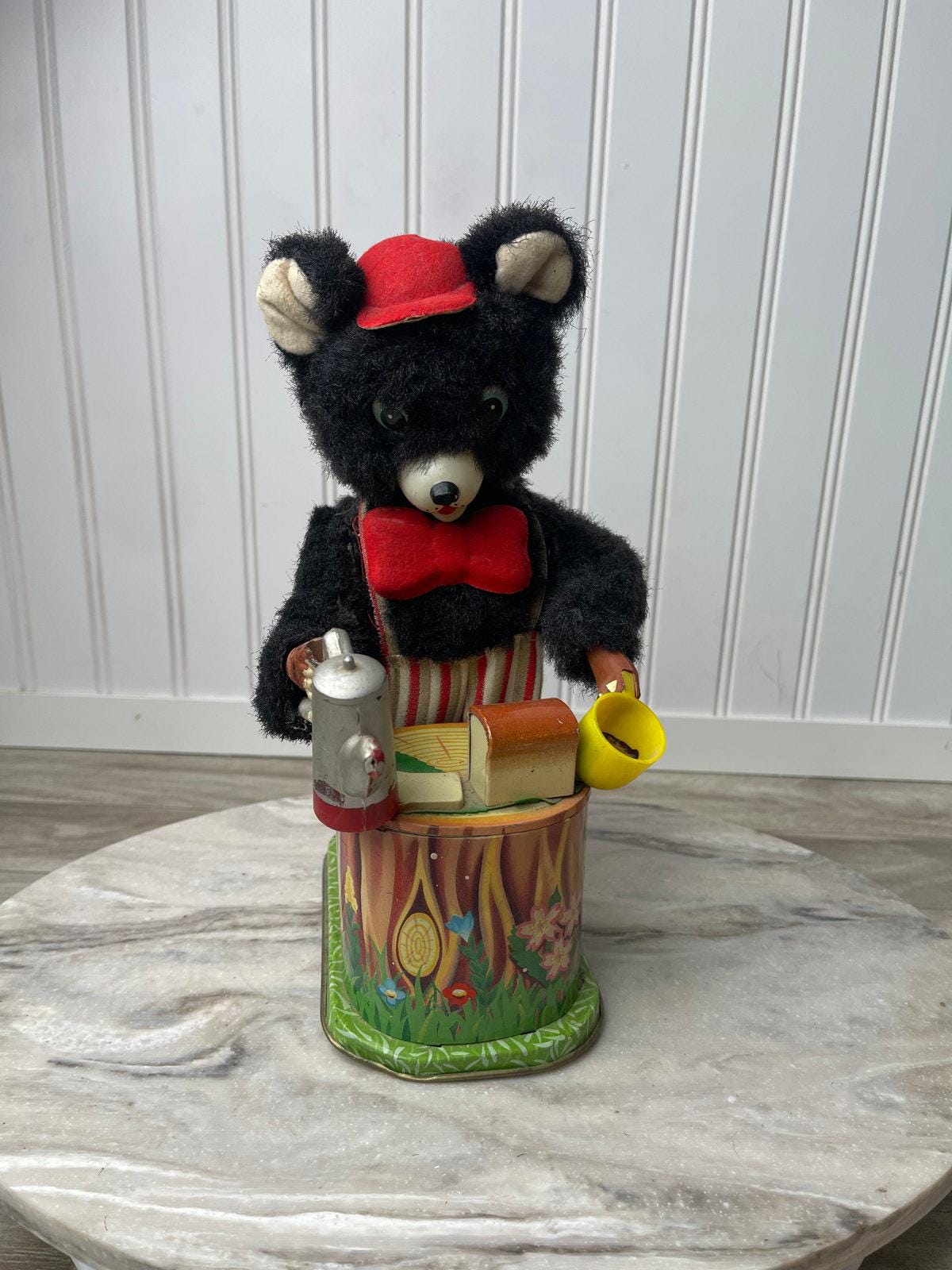 Rosko Maxwell Coffee Drinking Bear 1960s Japan Tin Toy MCM Nursery