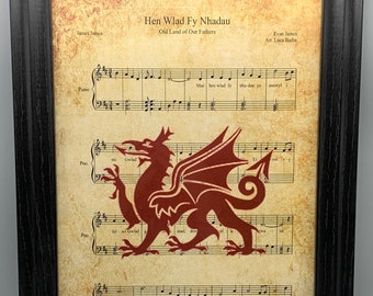 Hen Wlad Fy Nhadau (Welsh/Wales National Anthem) Dragon Illustration on Sheet Music Print. Wall décor, home décor, sheet music art, Cymru.