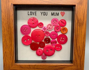 Personalised / Custom Made Button Heart Display Frame (4x4ins, wood or white). Love, Cariad, Mum, Mother's Day, Anniversary, Wife/Husband