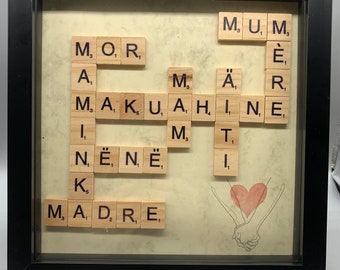 Mum / Mother / Mother's Day Wooden letter/Scrabble Display Frame – 9 Different Languages. 8x8 inch frame. Lovingly Handmade. Home decor.