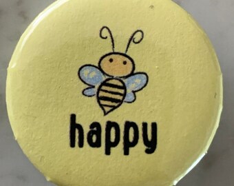 Bee Happy (3) Pin Badge (choose size). Wellbeing / mental health / mental illness / health / happiness / look after yourself / to wear, love