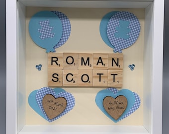 Personalised / Custom Made Baby Name (Scrabble) and Birth Details Display Frame (6x6ins, white). New baby, 1st Birthday, birth, baby gift.