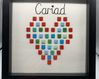 Cariad (Love) framed tiled heart in display frame – Blue and green with red outline - Lovingly Handmade. Wall decor, home decor.