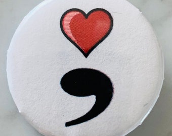 Semi-colon with heart Pin Badge (choose size). Suicide awareness / Invisible illness / mental health / depression / wellbeing / wear / love