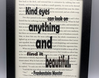 Frankensteins Monster (Penny Dreadful) inspired framed Kind Eyes quote on book page (7x5 frame).  Wall décor,home décor,horror, Mary Shelley