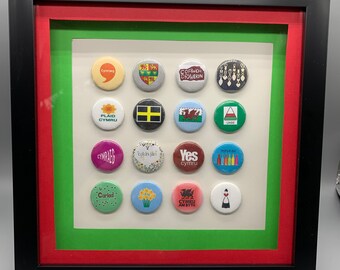 Wales/Welsh Cymru/Cymraeg Button Badge Display Frame. Wall décor, home décor, Land of my fathers, St. Davids, love spoons, cofiwch dryweryn.