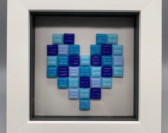 Personalised / Custom Made Mosaic Heart Display Frame (4x4ins, wood or white). Love, Cariad, Anniversary, Celebration. Wall and home decor.