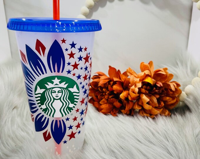 AMERICAN SUNFLOWER Cold Cup|Red White and Blue Sunflower Cup|Starbucks Cold Cup| Venti Cold Cup|America Flower Cold Cup