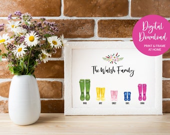 Personalized gift, family welly boot print, family wellies print, welly boot art, personalised family gift, christmas, mother's day