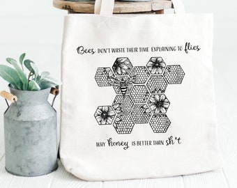 Bees Don't Waste Time Canvas Tote Bag - Reusable Shopping Bag - Sustainable Shoulder Tote - Honey Comb and Bees