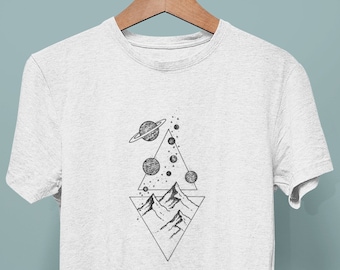 Mountains and Planets Shirt - Outer Space Nature Tee - Geometric Adventure T Shirt - Nature Lover Gifts