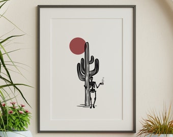 Skeleton Holding Coffee Vertical Poster, Skeleton Wall Poster, Halloween Wall Art, Line Art Wall Decor, Gallery Wall Art