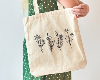Flower Tote Bag, Botanical Tote Bag, Nature Bag, Produce Bags, Canvas Shoulder Bag
