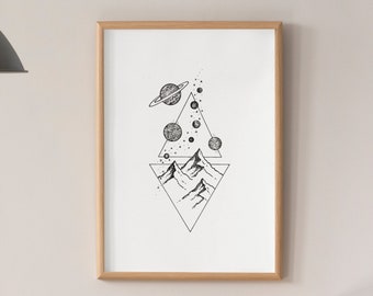 Minimalist Mountain Wall Art - Mountains and Space Design Premium Poster - Outer Space Decor - Planets Poster