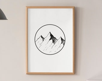 Black and White Mountains Design - Minimalist Wall Art - Mountains in a Circle Geometric Decor