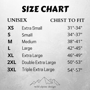 May include: Size chart for unisex clothing showing chest measurements in inches. Sizes include XS, S, M, L, XL, 2XL, and 3XL. The chart includes the corresponding chest measurements for each size.