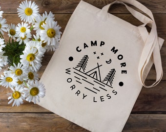Camp More Worry Less Canvas Tote Bag - Reusable Shopping Shoulder Bag - Canvas Book Bag