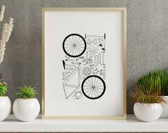 Bike Pieces 11x14 Poster Print, Biking Wall Art, Cycling Wall Art, Bicycling Print, Biking Lover Gift