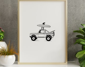 Vintage Bronco Vertical Poster, Bronco Surfer Art Poster, Surf Board Wall Art, Gift for Surfing Lovers