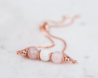 Diffuser Bracelet, Rose Quartz and Lava Beaded Adjustable Bracelet, Rose Gold Jewelry, Essential Oil Diffuser, Gift for Her