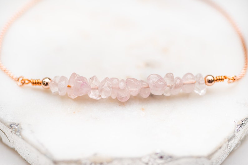 Rose Quartz Bracelet, Pink Gemstone Bracelet, Gift for Her, Rose Gold Jewelry with Raw Gemstone image 4