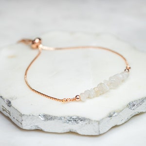 Raw Moonstone Bracelet, Gemstone Adjustable Bracelet, June Birthstone, Gift for Her, Hematite Accents, Rose Gold Jewelry