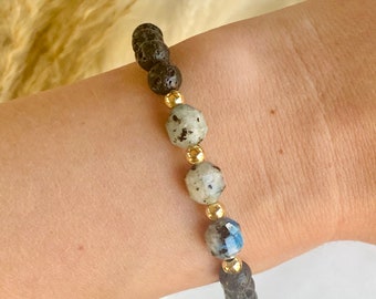 Boho Diffuser Bracelet, Raindrop Azurite and Black Lava Beaded Bracelet, Gold and Rose Gold Filled Jewelry, Essential Oil Diffuser