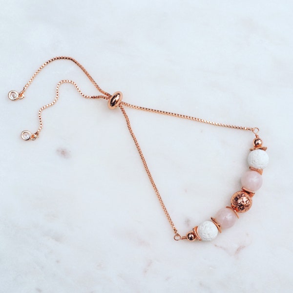 Diffuser Bracelet, Rose Quartz and Lava Beaded Adjustable Bracelet, Rose Gold Jewelry, Essential Oil Diffuser, Gift for Her