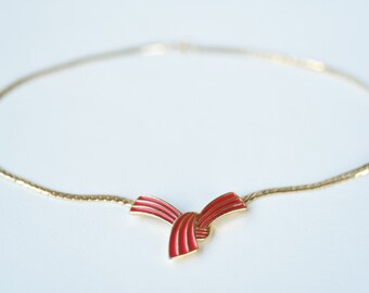 Vintage Trifari Gold Tone Red Enamel Pendant  Necklace