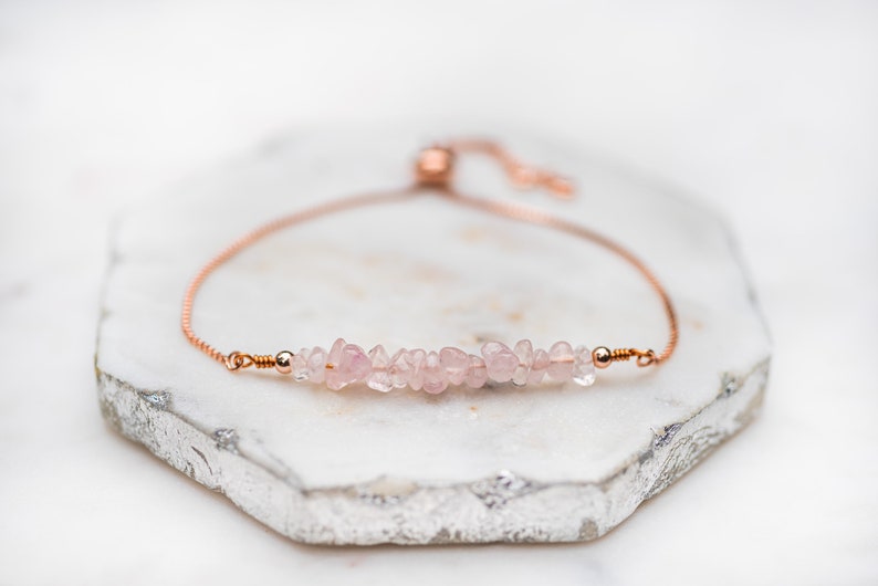 Rose Quartz Bracelet, Pink Gemstone Bracelet, Gift for Her, Rose Gold Jewelry with Raw Gemstone image 3